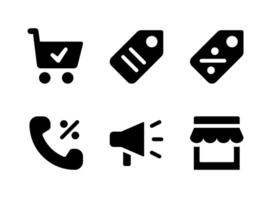conjunto simple de iconos sólidos vectoriales relacionados con el comercio electrónico. contiene iconos como carrito de compras, etiqueta de precio, descuento, ruidoso y más. vector