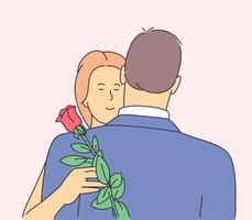 Valentines Day. Couple in love. Young happy girlfriend hugging boyfriend and holding rose. Flat vector illustration