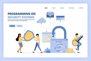 Programas de sistemas de seguridad para actividades comerciales, financieras y tecnológicas para proteger la privacidad y seguridad del usuario. se puede utilizar para la plantilla de página de destino ui ux web aplicación móvil cartel banner sitio web flyer anuncios vector