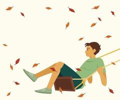 Boy Swinging and Dried Leaves Floating in the Wind vector