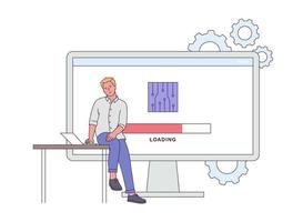 concepto de software y firmware del dispositivo. joven tratando de actualizar el dispositivo. hombre de ingeniería de dispositivos de firmware. ilustración vectorial plana vector