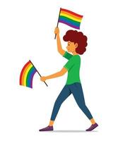 mujer sosteniendo banderas arcoiris para el movimiento lgbt vector