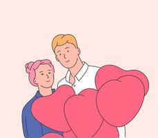 Ilustración de vector de día de San Valentín con pareja de jóvenes enamorados. adorable pareja feliz con globos en forma de corazón.