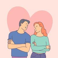 Love story or Valentines day concept. Young beautiful romantic couple happily looking each other romantic calm atmosphere. Modern line style illustration vector