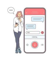 Voice recognition, speech recognition concept. Girl holding smartphone talk with friend on loud speaker having pleasant conversation vector