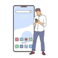 concepto de interfaz de teléfono inteligente de pantalla de inicio. joven sonriente de pie con el teléfono inteligente en las manos. ilustración vectorial plana vector