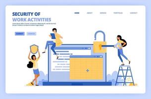 People secure job data on spreadsheets. Woman holding key to open security padlock. Security system shield. Can be used for landing page template UI ux web mobile app poster banner website flyer ads vector