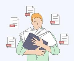 Document, business, accounting, search concept. Young smiling man with some documents ready to work. Flat vector illustration