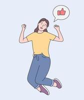 Joy, approval, happiness concept. Young happy attractive woman girl jumping in air with arms extended. Flat vector illustration
