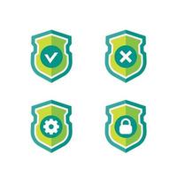 Shield with check mark, cross, gear and lock, vector icons on white.eps