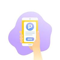 Pago de estacionamiento con aplicación móvil, teléfono en mano, vector icon.eps