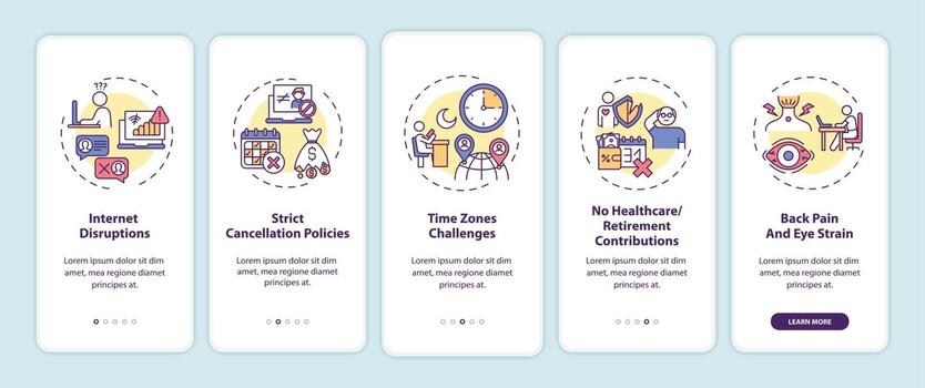 Online english teaching challenges onboarding mobile app page screen with concepts vector