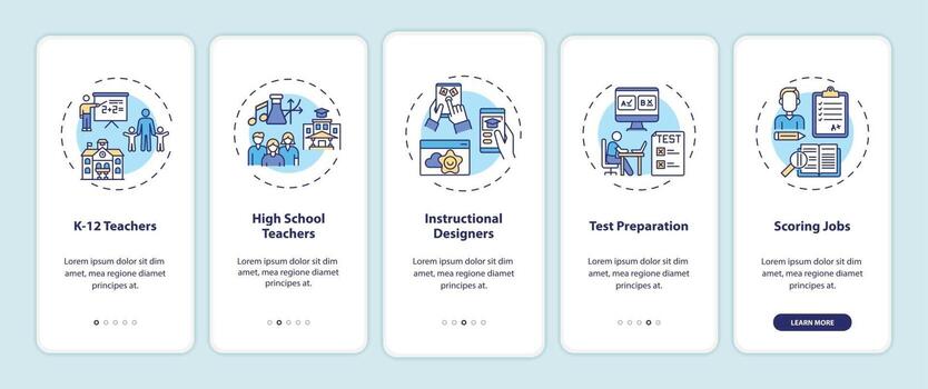 Online teaching jobs types onboarding mobile app page screen with concepts vector