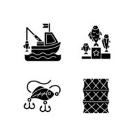 Iconos de glifo negro de aparejos de pesca en espacio en blanco vector