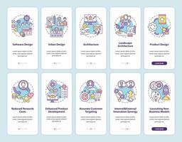 Collaborative product development onboarding mobile app page screen with concepts set vector