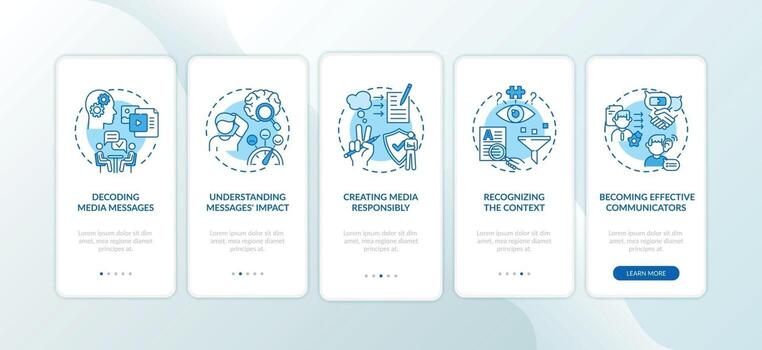 Media literacy elements onboarding mobile app page screen with concepts vector