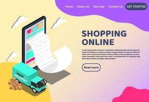 Shopping Online isometric web concept. Big smartphone digital marketing and e-commerce with Huge bill. Supermarket in device online store. Vector illustration
