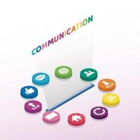 Communication isometric concept. The word communication with colorful bubbles. Vector illustration