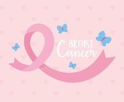 Banner de concientización sobre el cáncer de mama con cinta rosa y mariposas vector