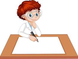 A boy wearing scientist gown with empty paper on the table vector