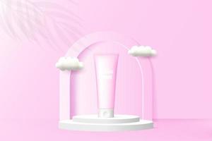 banner de anuncios cosméticos con podio sobre fondo rosa. vector