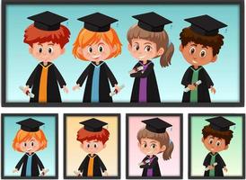 Set of many children in graduation costume in photo frame vector