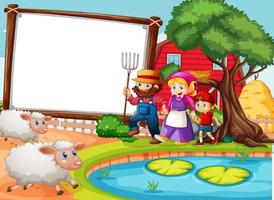 Blank banner in farm scene with happy family and many sheeps vector