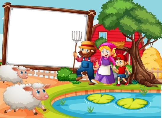 Blank banner in farm scene with happy family and many sheeps