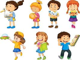 Conjunto de diferentes niños jugando con sus juguetes personaje de dibujos animados aislado sobre fondo blanco. vector