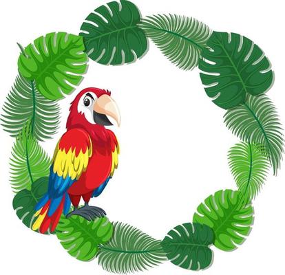 Round green leaves banner template with a parrot bird