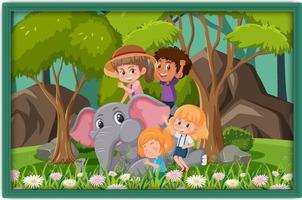 Happy kids playing with elephant photo in a frame vector