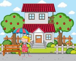 Front of house scene with a girl holding umbrella vector