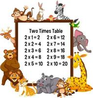 tabla de multiplicar del dos con animales salvajes vector