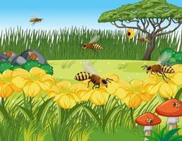 Cerrar escena de flores y hojas con muchas abejas vector