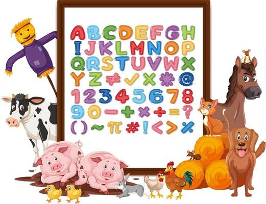 Alphabet A-Z and math symbols on a board with farm animals