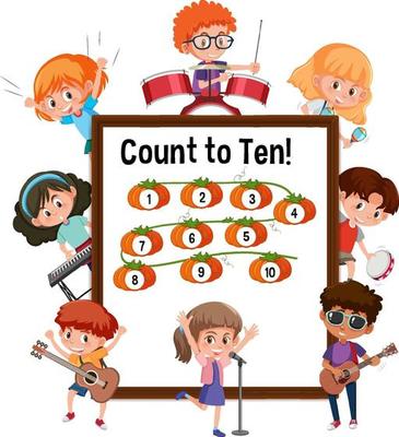 Count to ten number board with many kids cartoon character