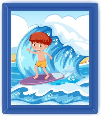 A boy surfing on big wave scene photo in a frame