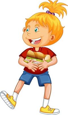 Happy girl cartoon character hugging food sandwich
