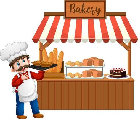 Front of bakery shop with baker isolated on white background