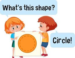 Kids holding circle shape banner with What's this shape font vector