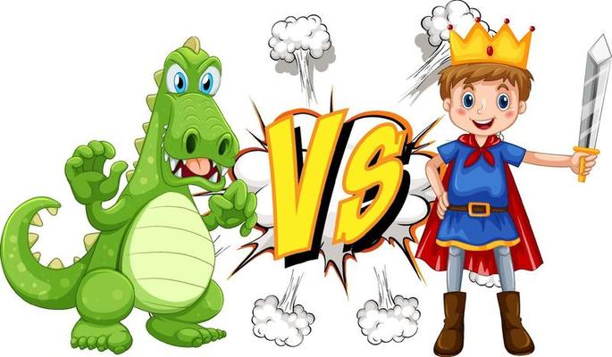 Dragon and knight fighting each other on white background