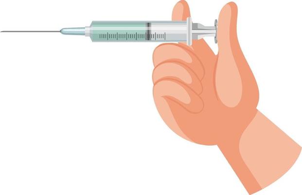Hands holding vaccine syringe on white background