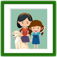 Two little girls in a photo frame in cartoon style vector