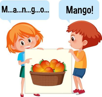 Cartoon character of two kids spelling fruit vocabulary