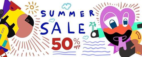 Summer Sale discount Colorful Poster and Banner. Promotion banner discount voucher template special offer market brochure. Vector doodle illustration set for summer sales.