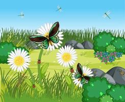 Many butterflies with many flowers in the garden scene vector