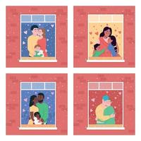 Happy family in home window flat color vector illustration set