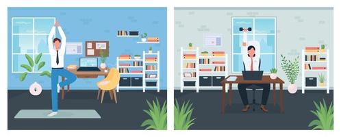 Workout in workplace flat color vector illustration set