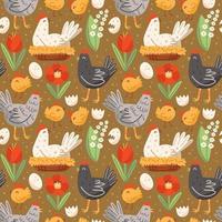Poultry farm pattern with hen, chicken, egg, nest and flowers. Seamless pattern, texture, background. Packaging design. vector