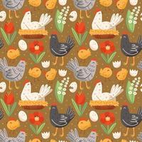 Poultry farm pattern with hen, chicken, egg, nest and flowers. Seamless pattern, texture, background. Packaging design. vector